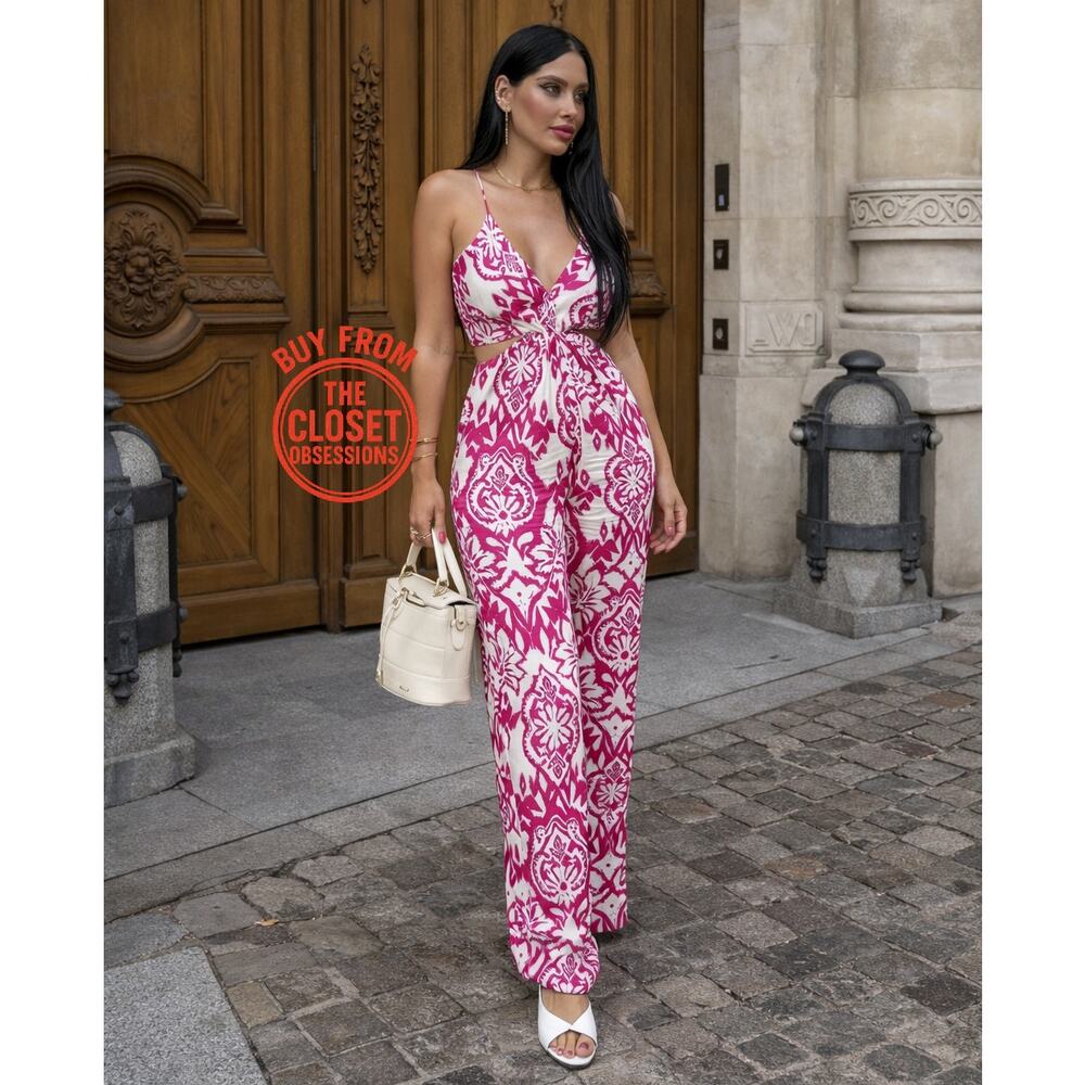 ZARA Pink White Resort Wide Leg Cut-Out Jumpsuit NWT